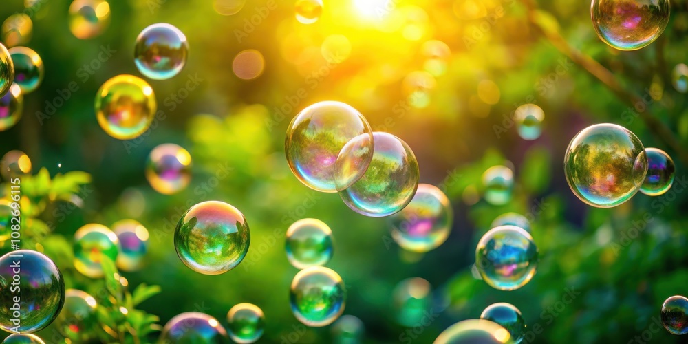Abstract soap bubble background with nature defocused for creative designs