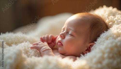  Newborn baby sleeping peacefully in soft warm light.