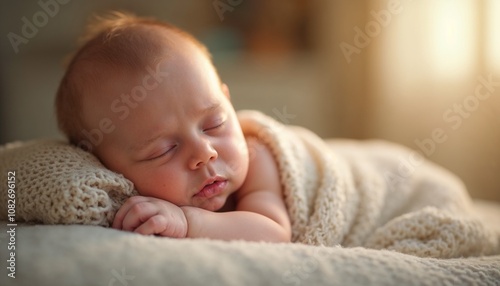  Newborn baby sleeping peacefully in soft warm light.