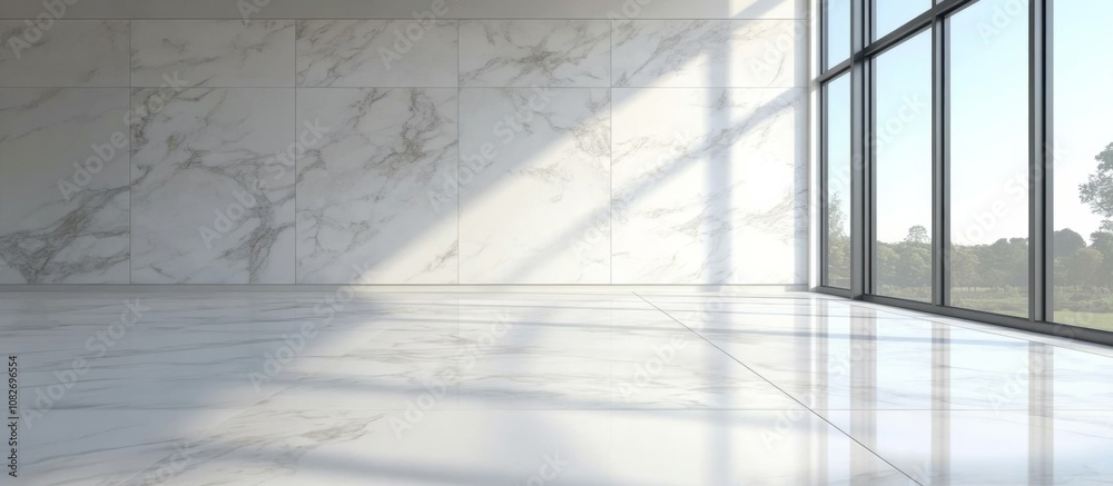Fototapeta premium Empty room large windows right side walls are with marble floor