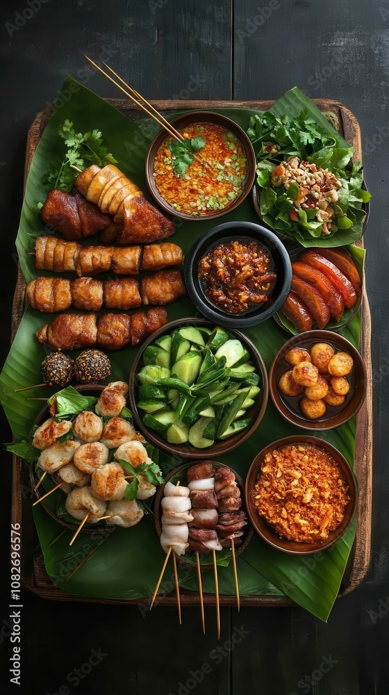 Diverse array of Thai street food served on banana leaves, showcasing various flavors and textures Diverse array of Thai street food served on banana leaves, showcasing various flavors and textures
