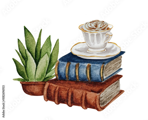 Watercolor stack of books with a cup of coffee and home plant. Books illustration. Book lover reading book diary clipart. Book shop bookstore library.