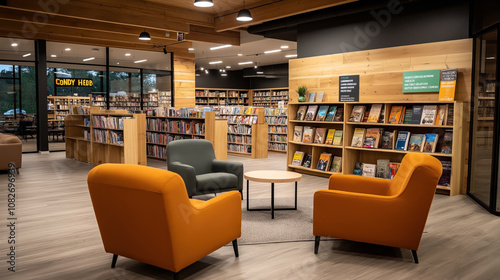 Interior of a modern library with wooden bookshelves and seating area, featuring orange and gray armchairs around a circular table under soft lighting. photo