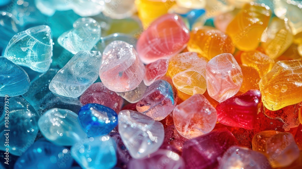 A close-up shot of colorful, translucent glass stones arranged in a rainbow pattern. A close-up shot of colorful, translucent glass stones arranged in a rainbow pattern.