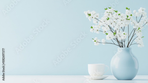 Wallpaper Mural serene arrangement featuring blue vase with white flowers and cup on light blue background, creating calming atmosphere Torontodigital.ca