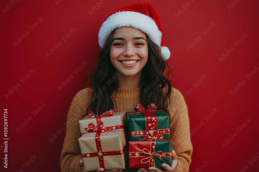 Expression of happiness with gifts and Santa Claus outfit on red background Expression of happiness with gifts and Santa Claus outfit on red background
