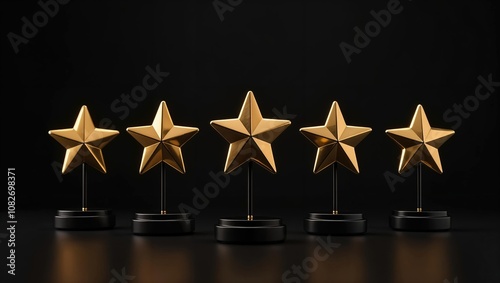Five gold stars on black stands are arranged in a row on a dark surface. Concept of five-star quality or top-level achievement.