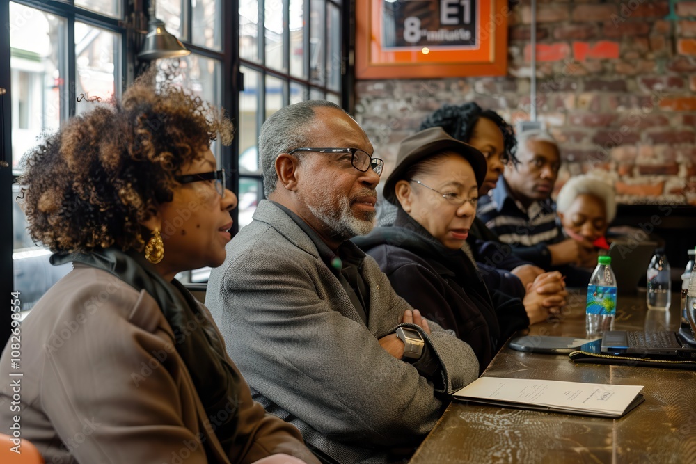 Obraz premium Retirement Planning and Financial LiteracyA group of diverse individuals engaged in a meaningful discussion at a cafe with rustic decor, showcasing expressions of thought and reflection.
