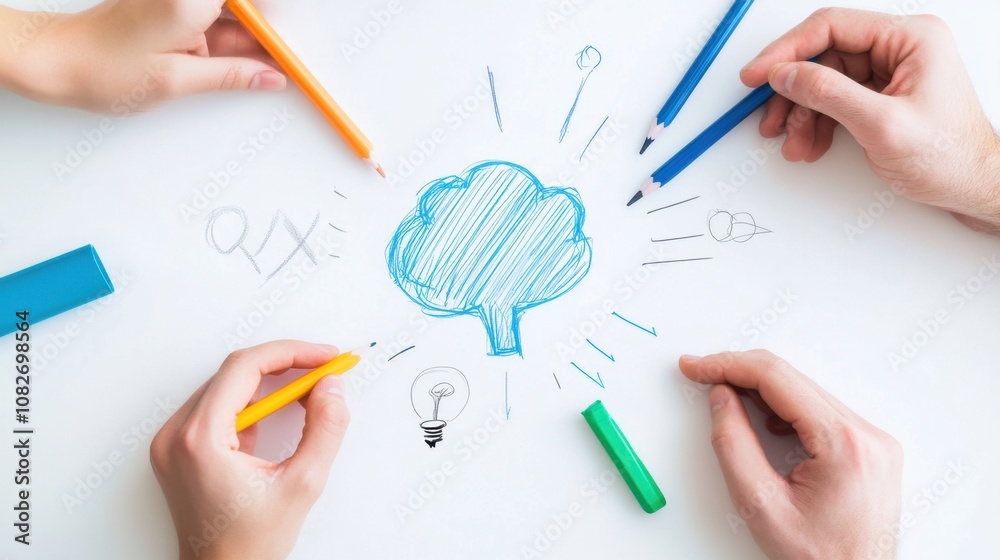 Hands drawing a creative sketch of a tree on white paper using colorful pencils Hands drawing a creative sketch of a tree on white paper using colorful pencils