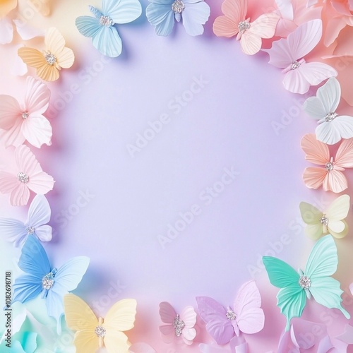 Birthday decoration frame with colorful paper butterflies on pastel blue background with space to copy top view, birthday banner