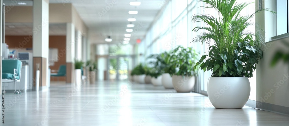 Long modern corridor high ceiling large windows both Abstract blurred hospital Long modern corridor high ceiling large windows both Abstract blurred hospital