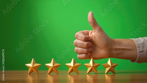 A hand gives a thumbs-up gesture next to five golden stars on a wooden surface against a green background, signifying a perfect five-star rating and customer approval. Concept of five-star customer sa photo