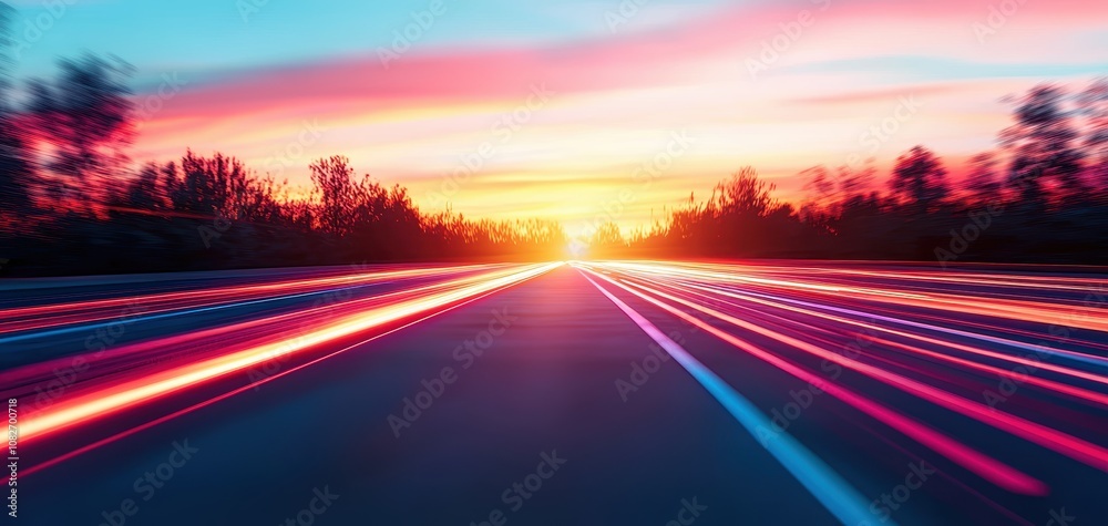 Infrastructure headquarters concept. A vibrant sunset casts colorful streaks of light along a highway, creating a dynamic atmosphere filled with motion and tranquility. Infrastructure headquarters concept. A vibrant sunset casts colorful streaks of light along a highway, creating a dynamic atmosphere filled with motion and tranquility.