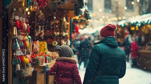 Father and child enjoying cozy christmas market stalls with festive decorations and snowfall in winter wonderland urban setting