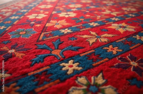 Oriental ethnic carpet texture low angle. Eastern decor elements. Dust on carpet, vacuum cleaners commercial concept photo