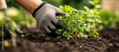 Person  hand wearing pair gardening gloves planting Professional landscaper trimming shrub photo