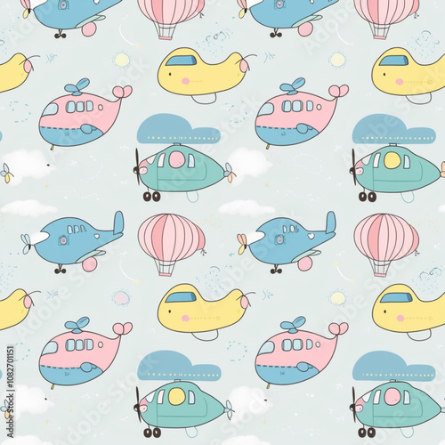A vibrant  design showcases various adorable aircraft like helicopters, hot air balloons, and planes against a light background. Perfect for children's spaces or playful decor. generative ai