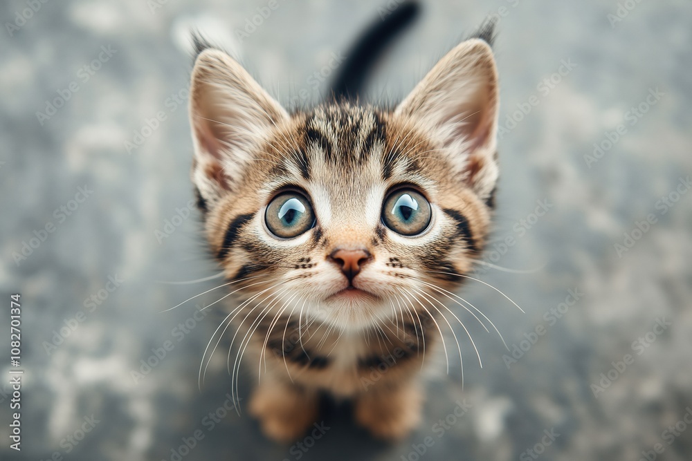 Close-up of curious tabby kitten with wide blue eyes on blurred background Close-up of curious tabby kitten with wide blue eyes on blurred background