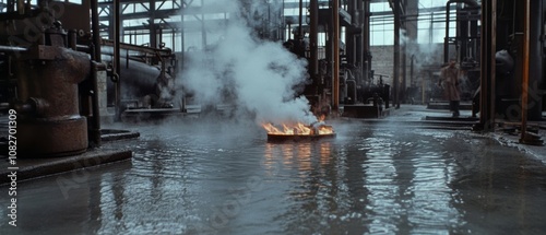 In a wet industrial setting, a barrel fire burns intensely, surrounded by a sprawling steel structure and mist, capturing a clash of elements. photo