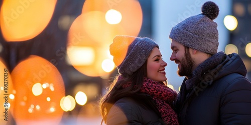 couple exploring the city in the winter photo