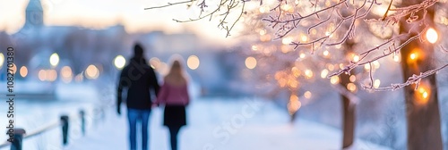 couple exploring the city in the winter photo