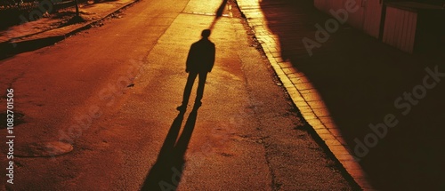 A long shadow stretches across an empty, sun-drenched street as a solitary figure walks, evoking mystery and introspection in the golden hour light. photo