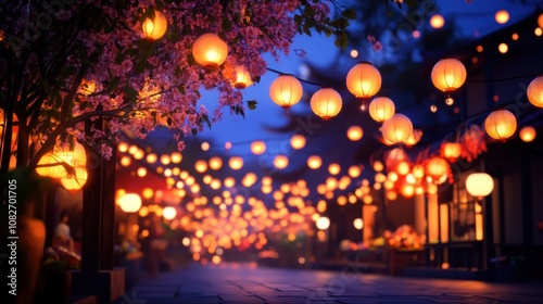 A charming street illuminated by glowing lanterns and surrounded by blossoms, creating a magical atmosphere during twilight.