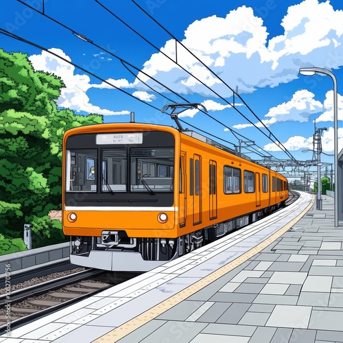 Sunny Day Train Station Orange Commuter Rail Summer Sky Platform Scene