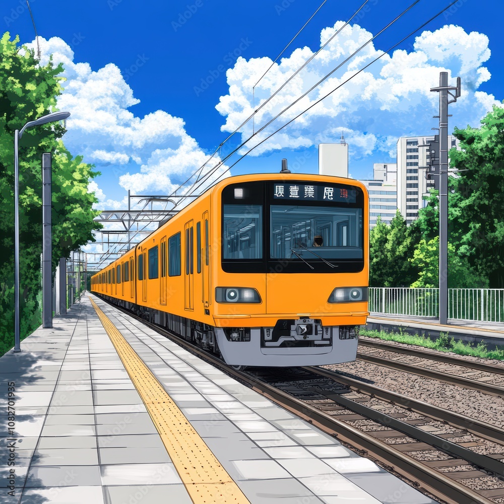 Fototapeta premium Sunny Day Train Station Urban Commuter Rail Bright Yellow Train Summer Scenery