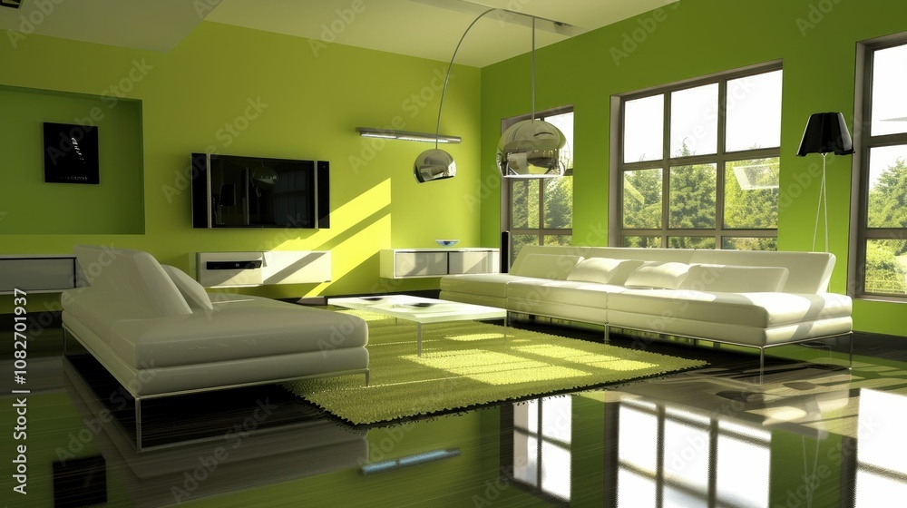 Modern living room with green walls and minimalist furniture Modern living room with green walls and minimalist furniture
