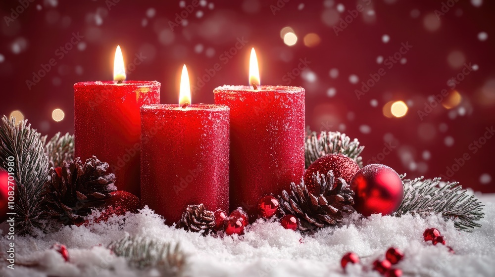 Three red christmas candles burning brightly in snow with pine cones and ornaments Three red christmas candles burning brightly in snow with pine cones and ornaments