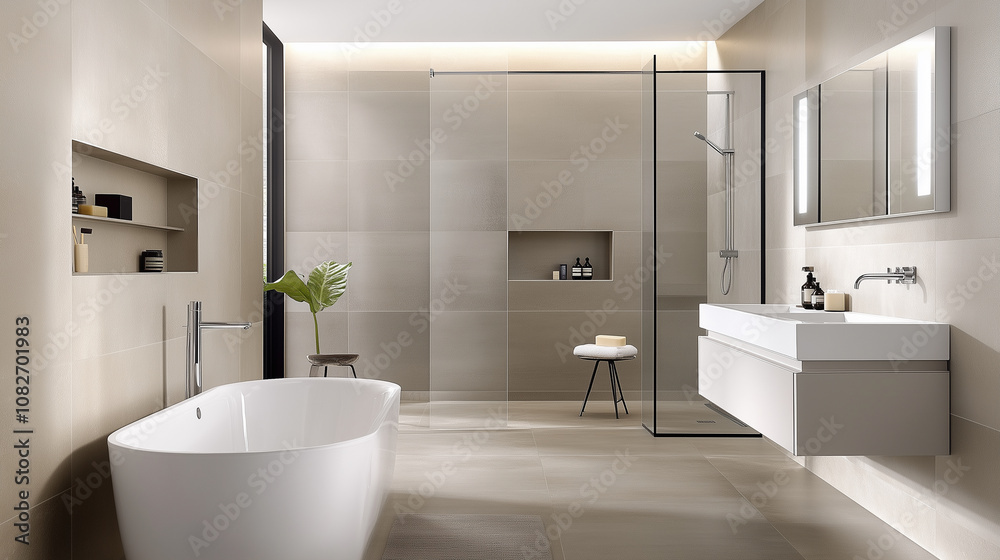 Spacious Modern Bathroom with Double Vanity and Freestanding Bathtub Spacious Modern Bathroom with Double Vanity and Freestanding Bathtub