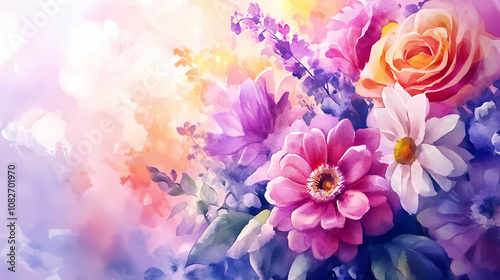 Fototapeta Naklejka Na Ścianę i Meble -  Watercolor composition of a bouquet with mixed flowers in bright and pastel colors with intricate details. Exquisite. Illustration
