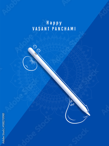 Happy Vasant Panchami with creative concept. Maa Saraswati Pooja India holiday Background with rangoli, Vasant Panchami celebration . Greeting card, 3d vector illustration.