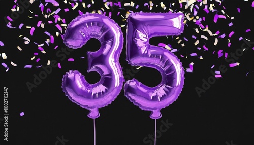 Purple birthday / anniversary balloon, number 35, black background with confetti