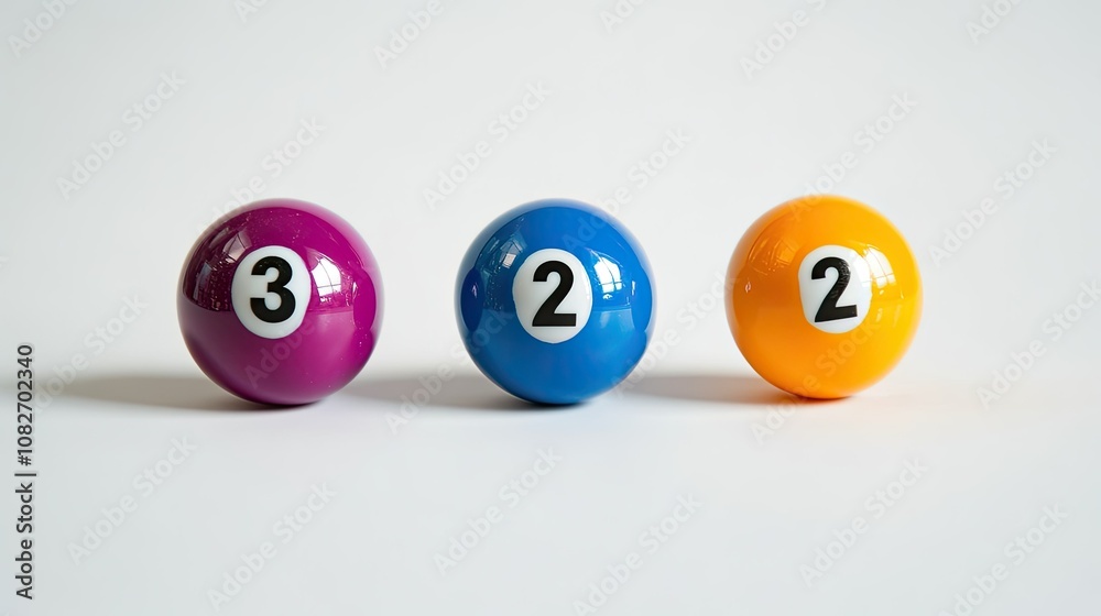 Colorful billiard balls in a row highlighting numbers three, two, and two against a soft white background, ideal for games, sports, or leisure-themed projects. Colorful billiard balls in a row highlighting numbers three, two, and two against a soft white background, ideal for games, sports, or leisure-themed projects.