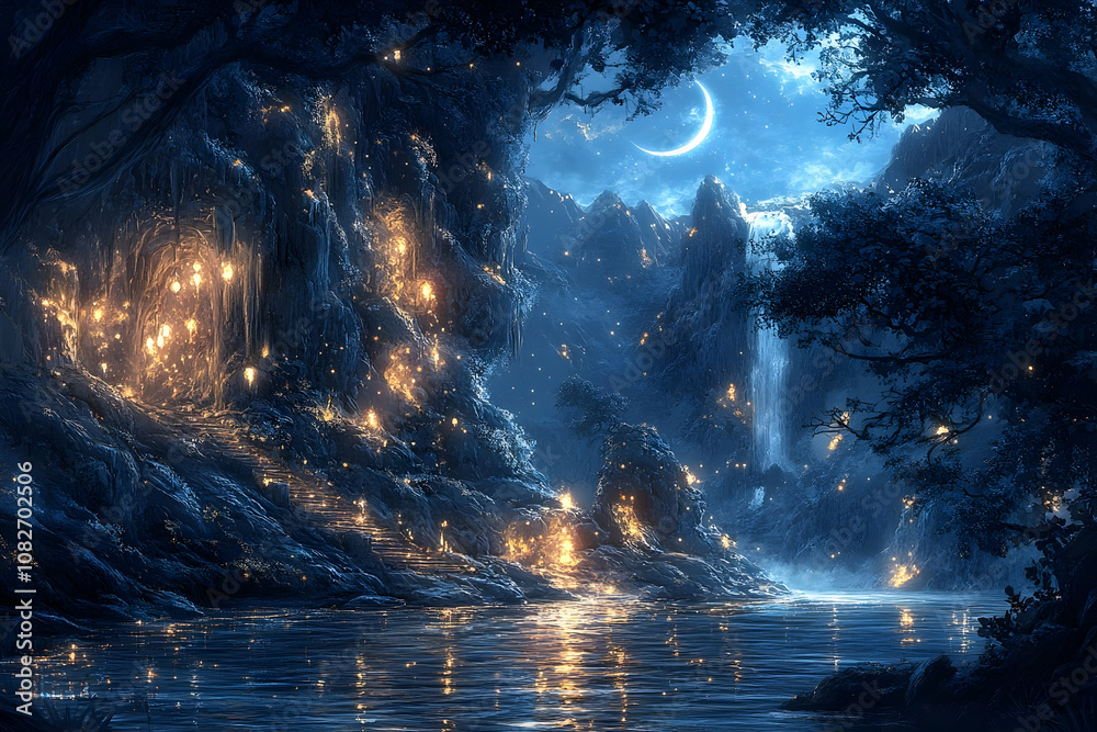 Illustration - Enchanted Night Waterfall, Moonlit Cave