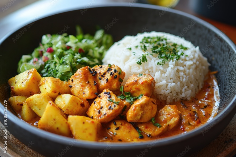 Chicken curry with rice and potatoes served with fresh salad, sprinkled with black sesame and parsley Chicken curry with rice and potatoes served with fresh salad, sprinkled with black sesame and parsley