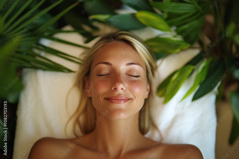 White woman with blonde hair, smiling softly while lying on massage table, surrounded by tropical greenery, warm green-toned background, soft focus on face, medium close-up 7 White woman with blonde hair, smiling softly while lying on massage table, surrounded by tropical greenery, warm green-toned background, soft focus on face, medium close-up 7