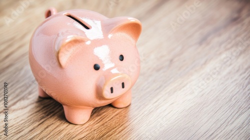 Pink ceramic piggy bank standing on a wooden surface