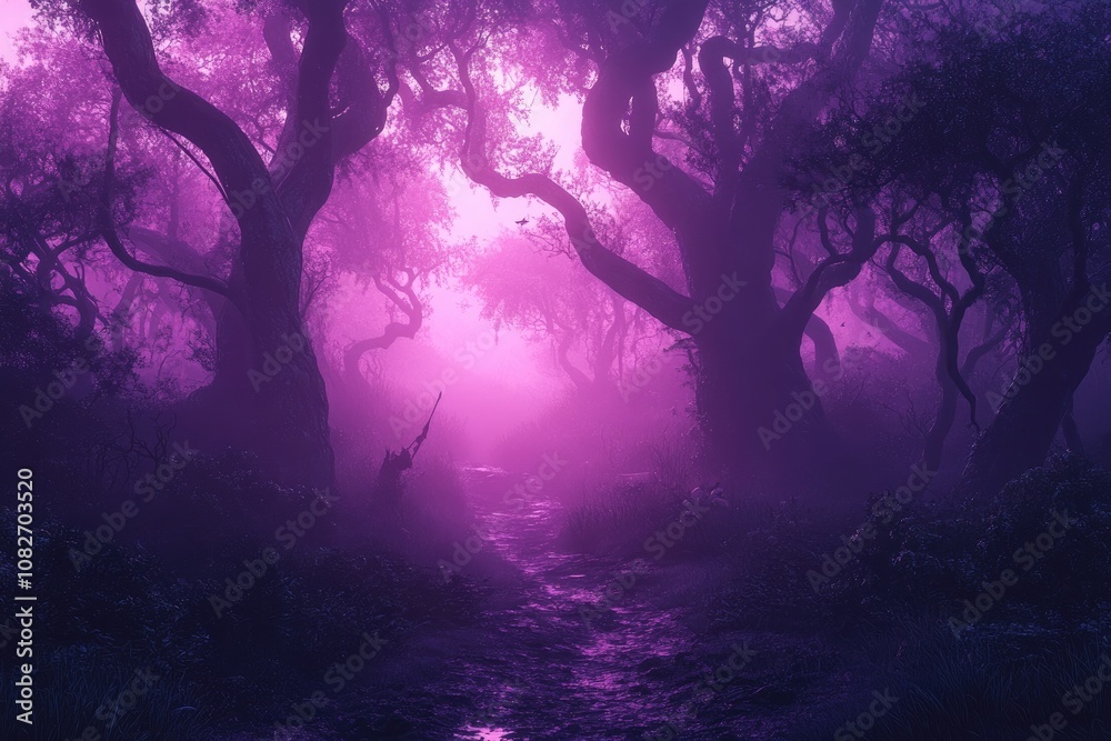 Fantasy forest with purple haze and twisted trees creating ethereal ambiance Fantasy forest with purple haze and twisted trees creating ethereal ambiance