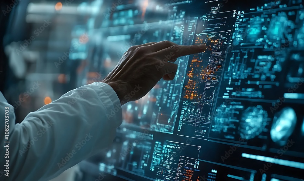 Obraz premium A hand interacting with a digital interface displaying data and graphics.