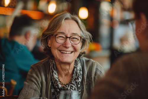 Retirement Planning and Financial LiteracyA joyful elderly woman smiles warmly while sitting at a cafe, radiating happiness and engagement in a lively atmosphere.