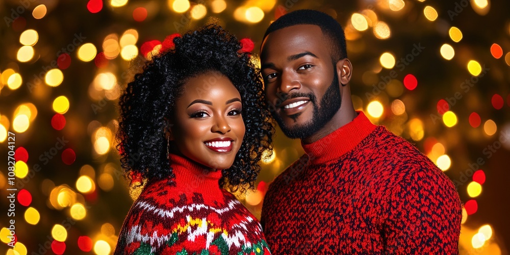 black couple wearing ugly christmas sweaters black couple wearing ugly christmas sweaters