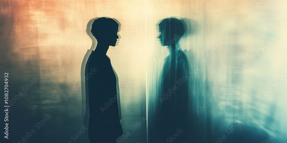 A person standing in front of a mirror but their reflection appears blurred, representing a distorted self-image A person standing in front of a mirror but their reflection appears blurred, representing a distorted self-image