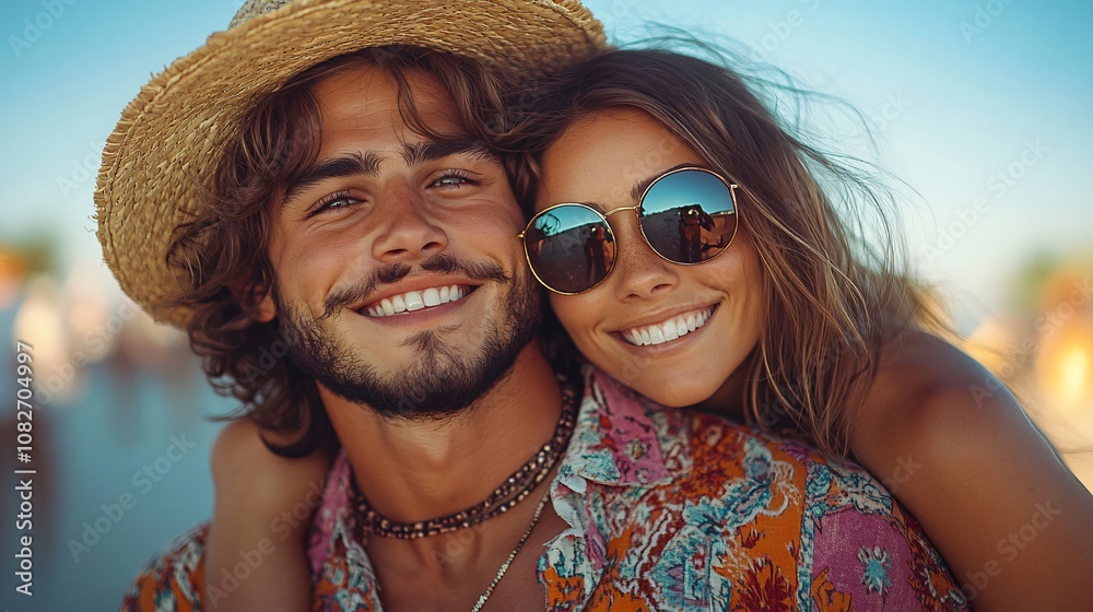 Joyful pair in sunglasses and straw hat, smiling and hugging at a music festival