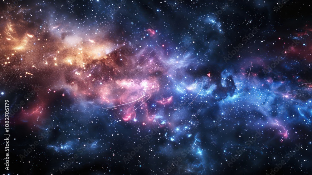 Naklejka premium A breathtaking view of a vast nebula in space with vibrant colors, sparkling stars and swirling clouds of gas and dust.