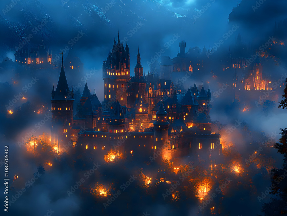 Illustration - Mystical Castle Night Fantasy Landscape Illustration - Mystical Castle Night Fantasy Landscape