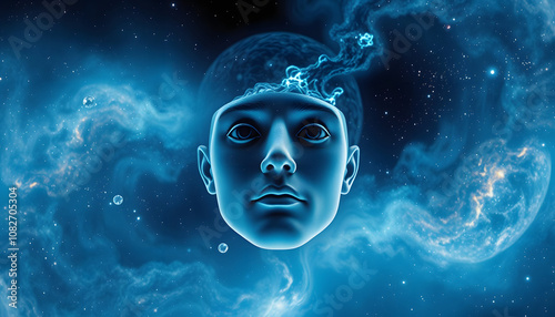 face of man in space as a symbol of philosophy   and psychology of dreams inner reality, mental health, imagination,   thinking and dreaming. 3d render with white shades, png photo