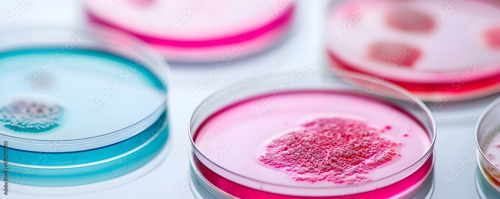 Naklejka premium Vibrant Microbial Cultures in Petri Dishes - Macro View of Intricate Textures and Unique Growth Patterns Under Soft Diffused Lighting